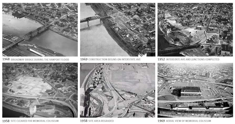 Historic overhead photos of the Albina neighborhood in Portland, Oregon showing the effects of urban development in the area