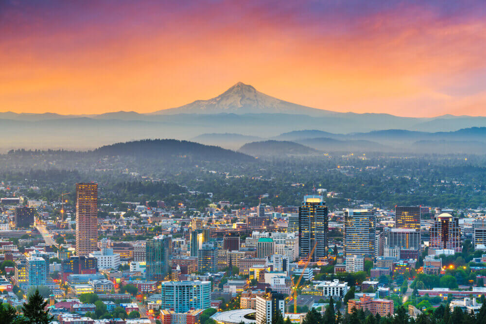 View of Portland, Oregon with Mount Hood in background