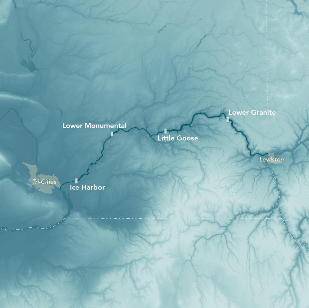 Map of Lower Snake River highlighting Ice Harbor, Lower Monumental, Little Goose, Lower Granite and Lewiston