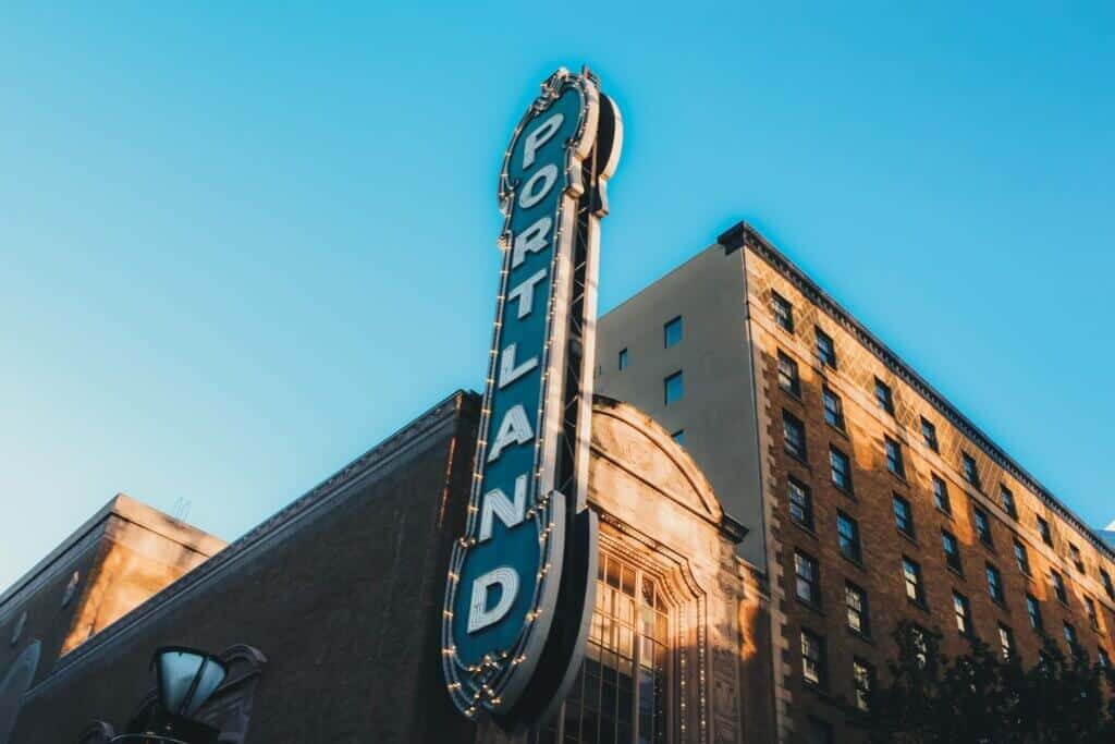 Neon sign outside Arlene Schnitzer Concert Hall in Portland, Oregon