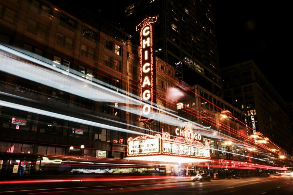 Neon sign outside the Chicago Theater in Chicago, Illinois
