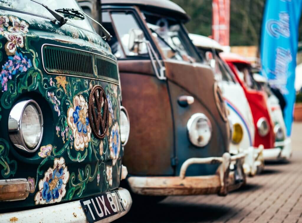 Vintage Volkswagen busses lined up