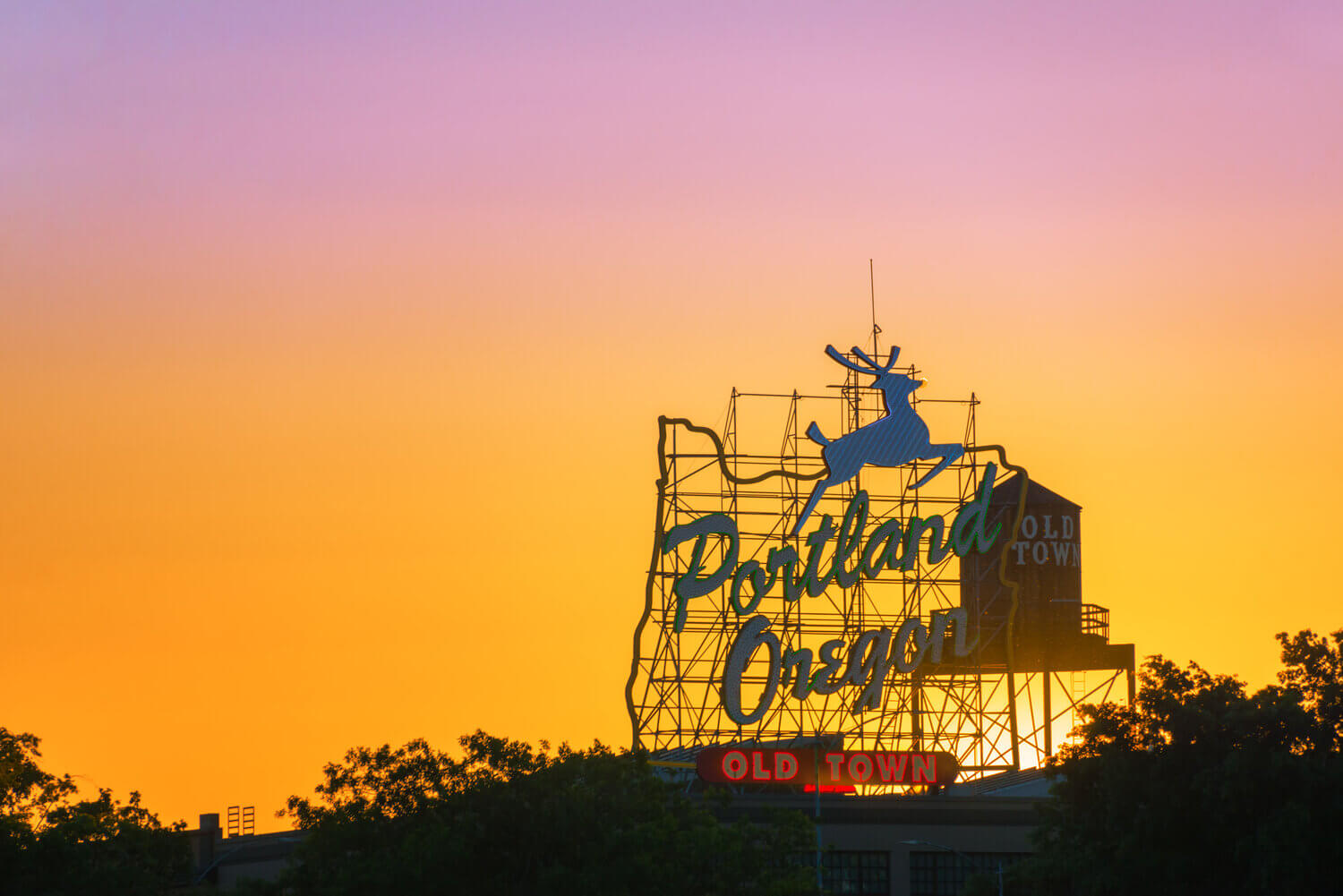 Portland, Oregon White Stage sign at sunset