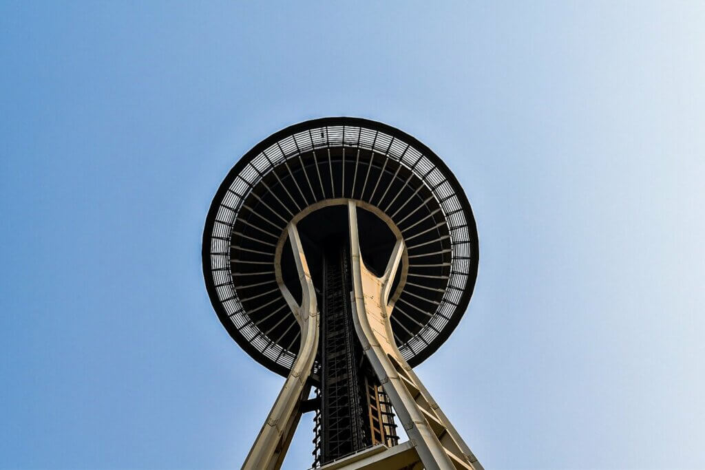 View of Seattle Space Needle looking from ground up