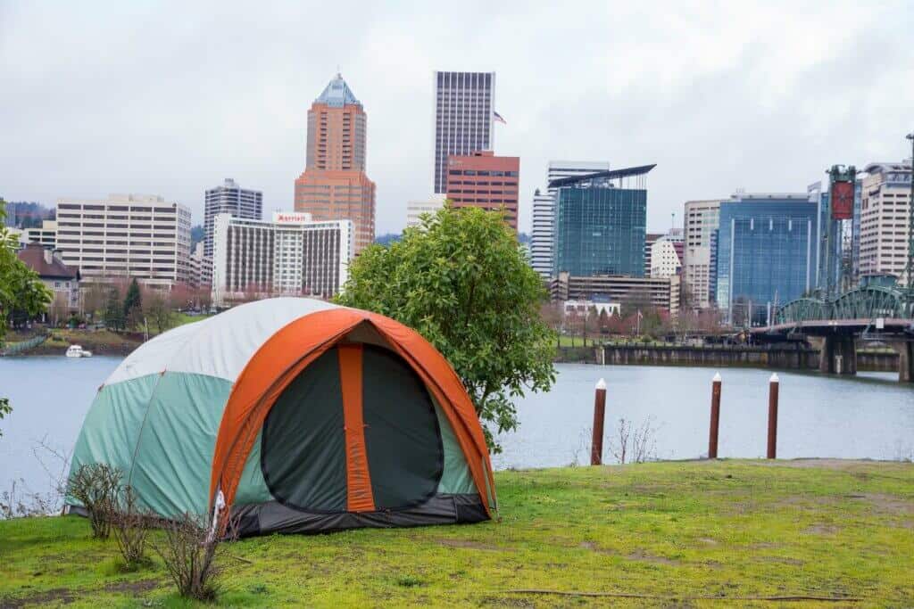 Tent set up on the river in downtown Portland, Oregon