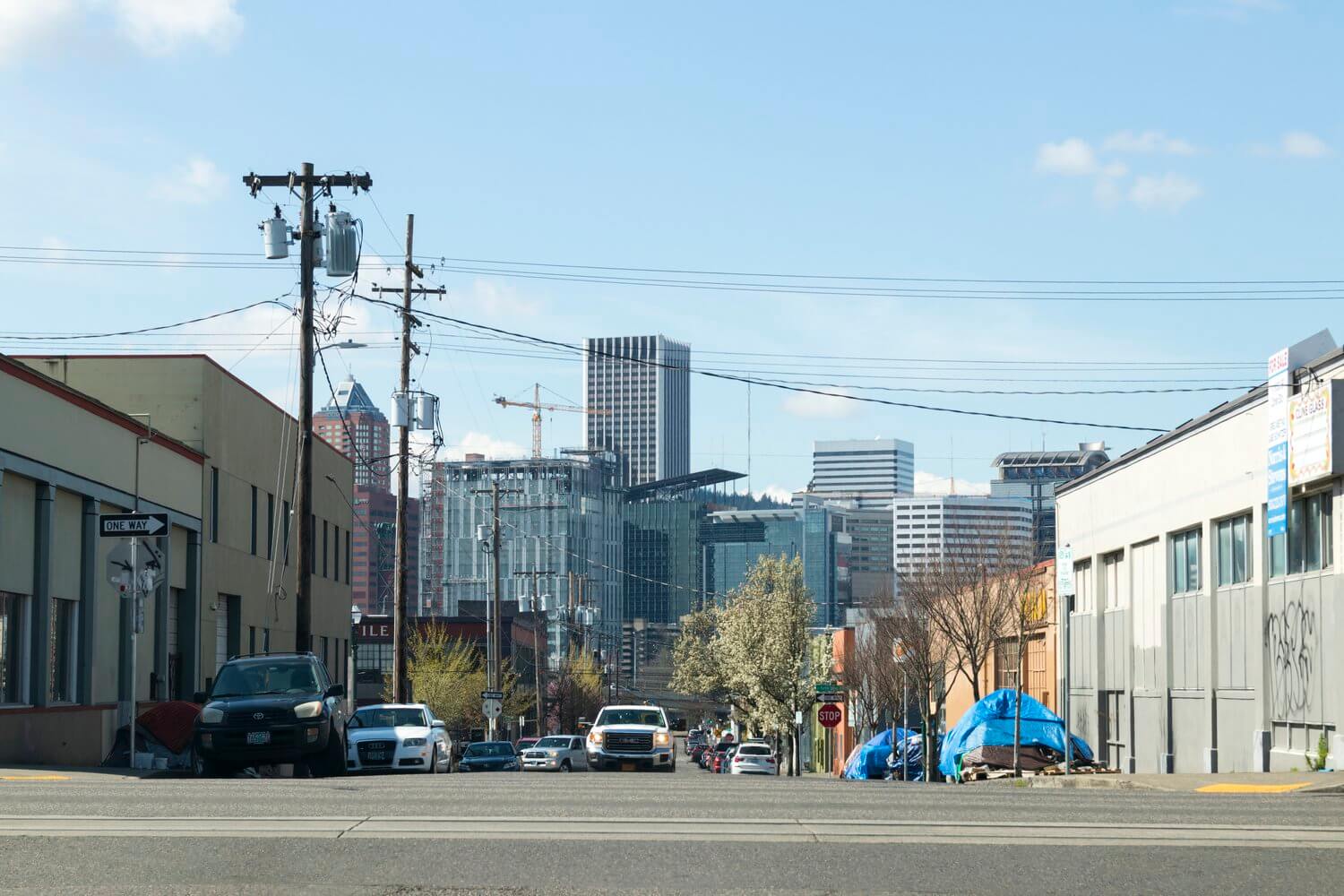 View of Portland, Oregon skyline from street-level