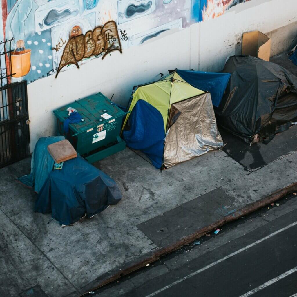 Tents for homeless on a sidewalk